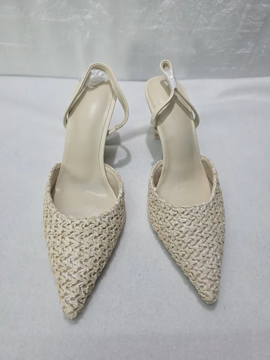 Woven Pointed Toe Slingback Heels - Cream - Picture 2 of 7